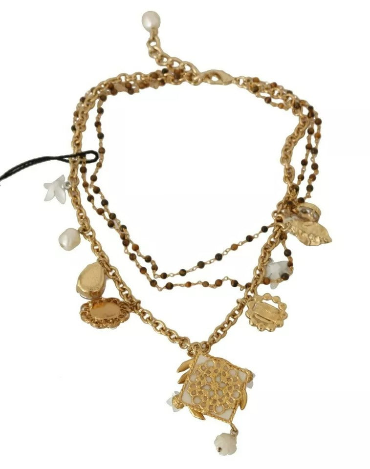 Collana Dolce & Gabbana con ciondoli a dichiarazione floreali in ottone dorato e cristallo