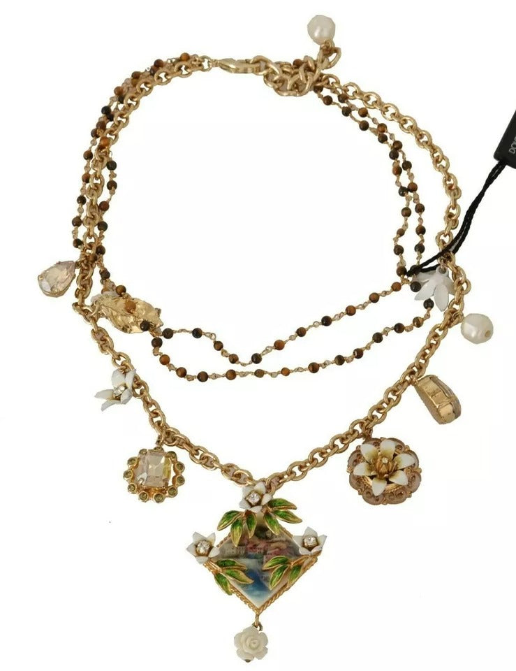 Collana Dolce & Gabbana con ciondoli a dichiarazione floreali in ottone dorato e cristallo