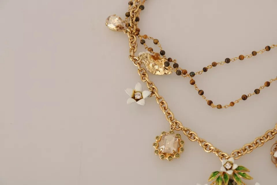 Collana Dolce & Gabbana con ciondoli a dichiarazione floreali in ottone dorato e cristallo