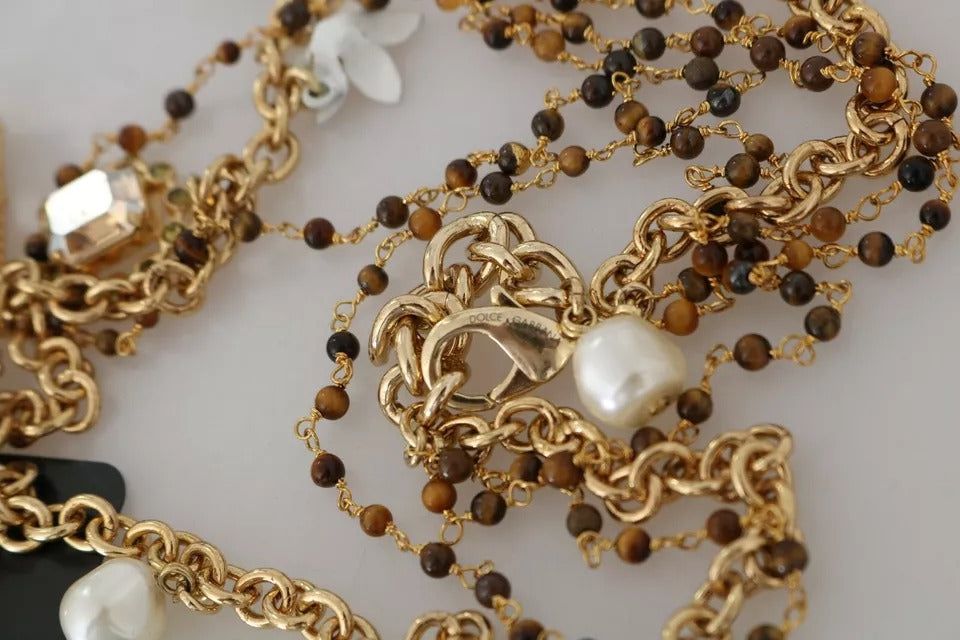 Collana Dolce & Gabbana con ciondoli a dichiarazione floreali in ottone dorato e cristallo