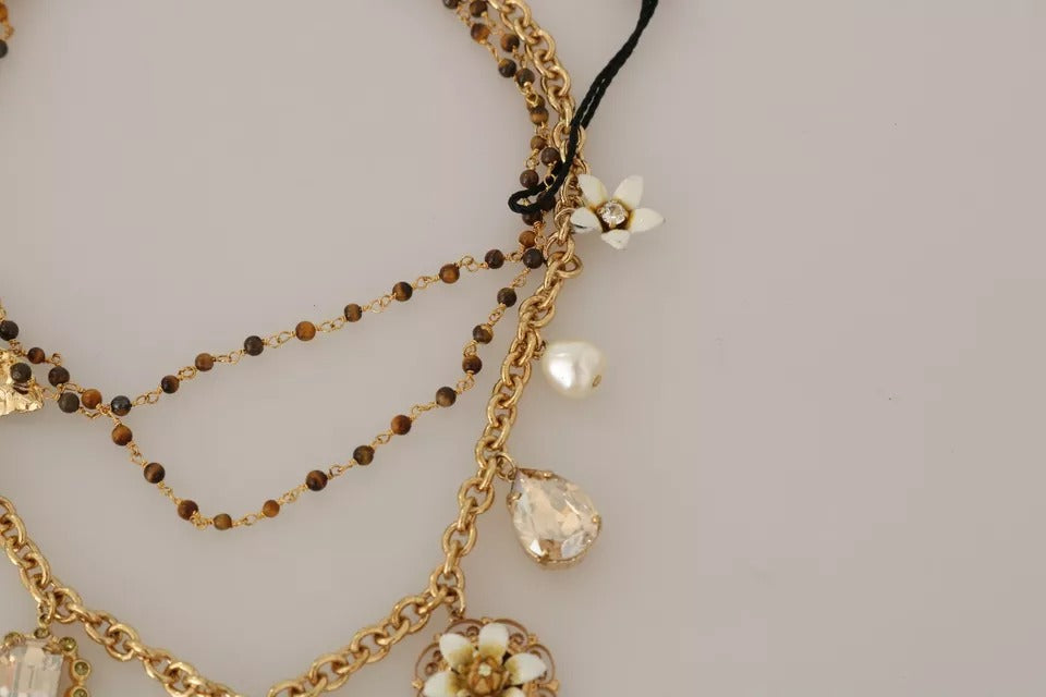 Collana Dolce & Gabbana con ciondoli a dichiarazione floreali in ottone dorato e cristallo