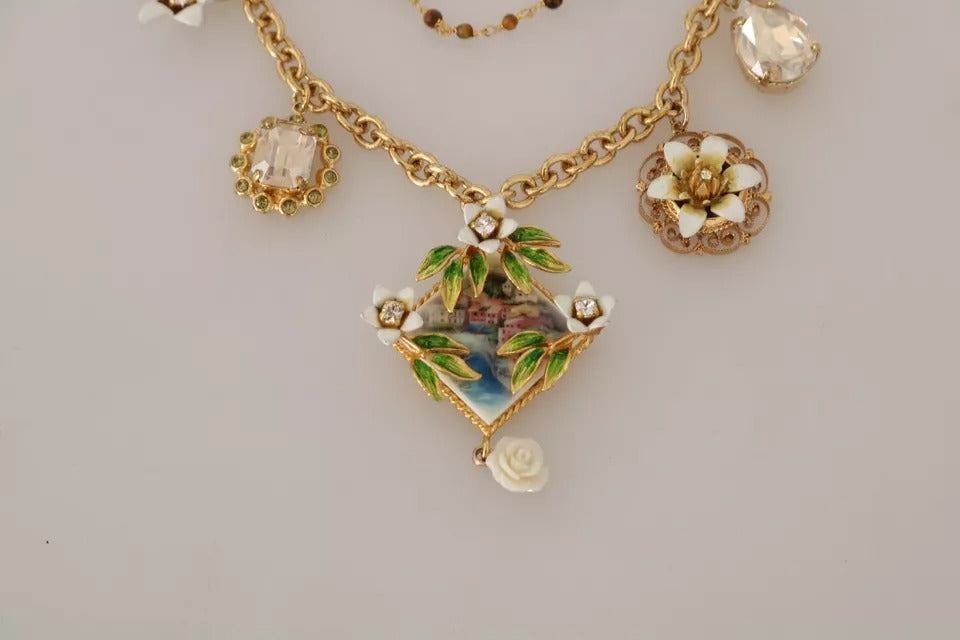 Collana Dolce & Gabbana con ciondoli a dichiarazione floreali in ottone dorato e cristallo