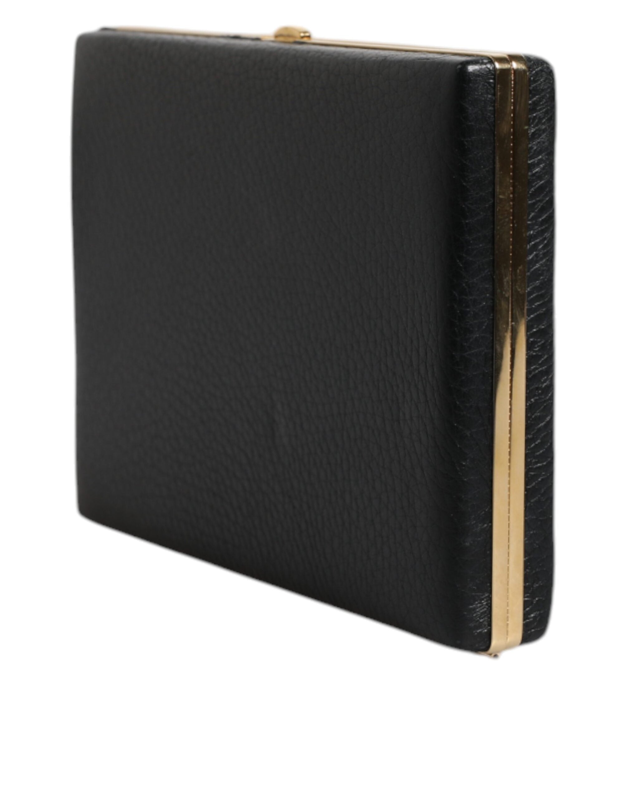 Dolce & Gabbana Borsa Clutch da Sera in Pelle Nera con Cornice Dorata