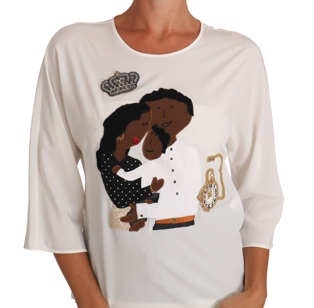T-shirt in seta bianca Dolce & Gabbana #dgfamily con cristalli