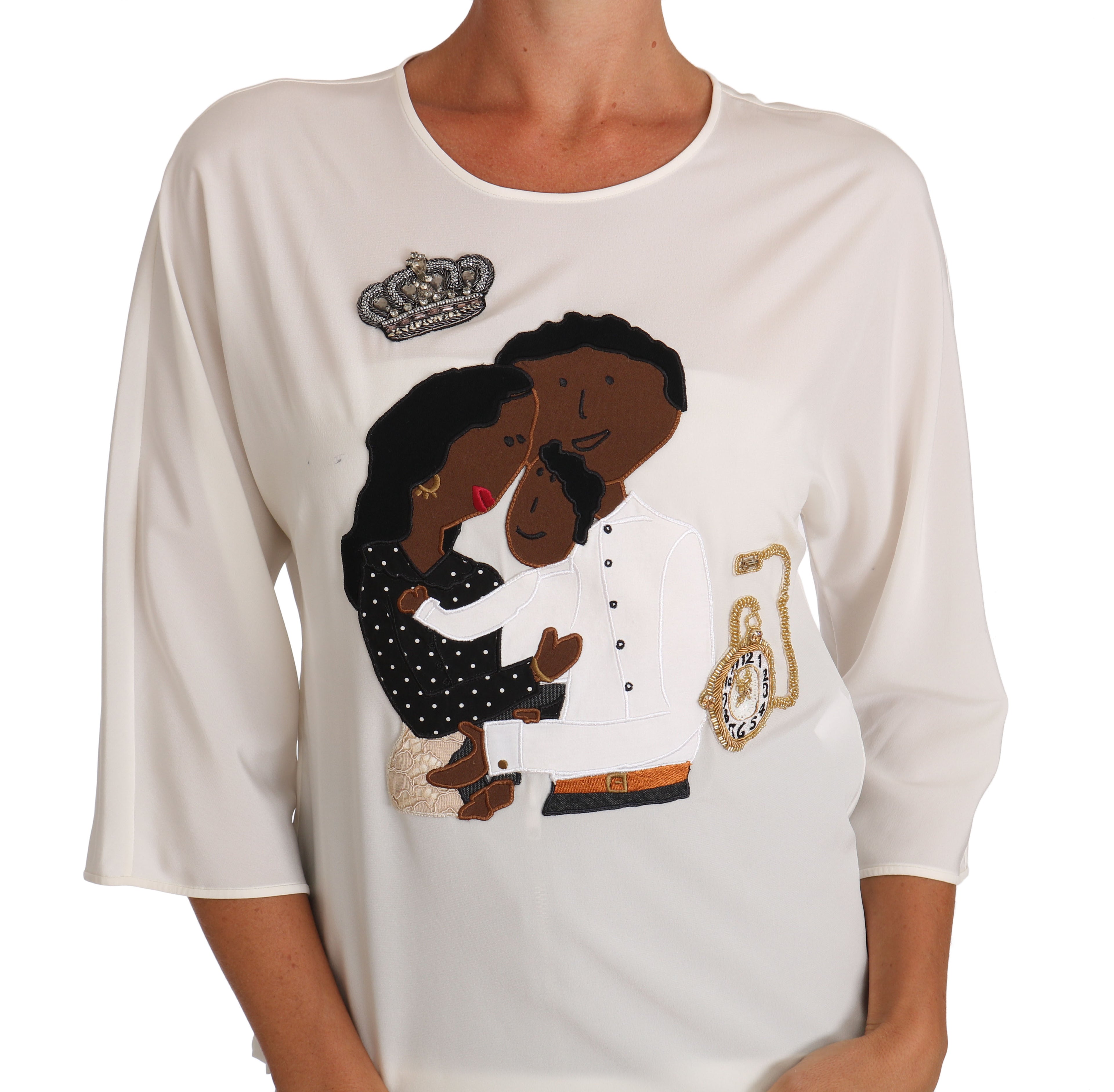 T-shirt in seta bianca Dolce & Gabbana #dgfamily con cristalli