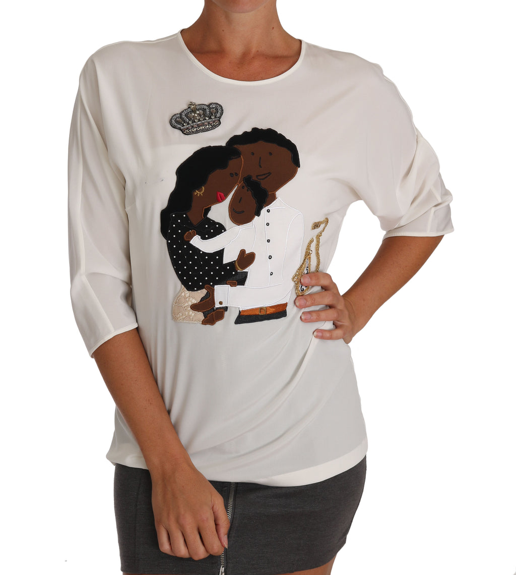 T-shirt in seta bianca Dolce & Gabbana #dgfamily con cristalli