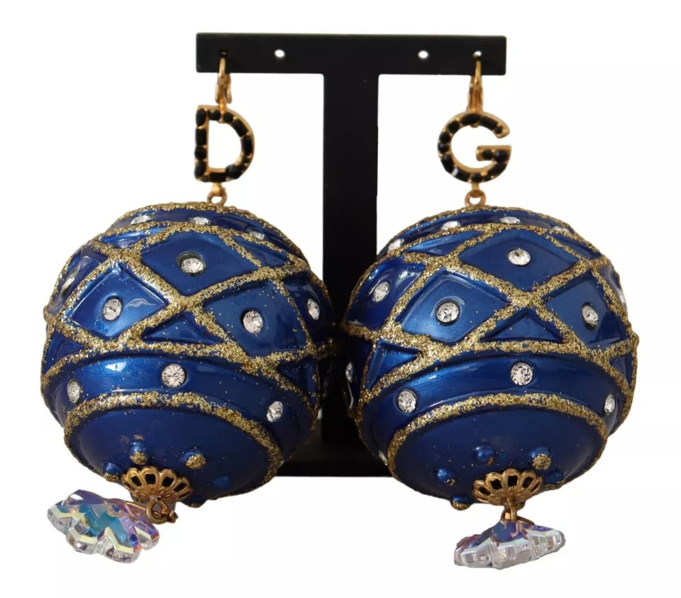 Orecchini Gioiello con Gancio Dolce & Gabbana a Sfera di Natale Blu in Ottone Dorato con Cristalli