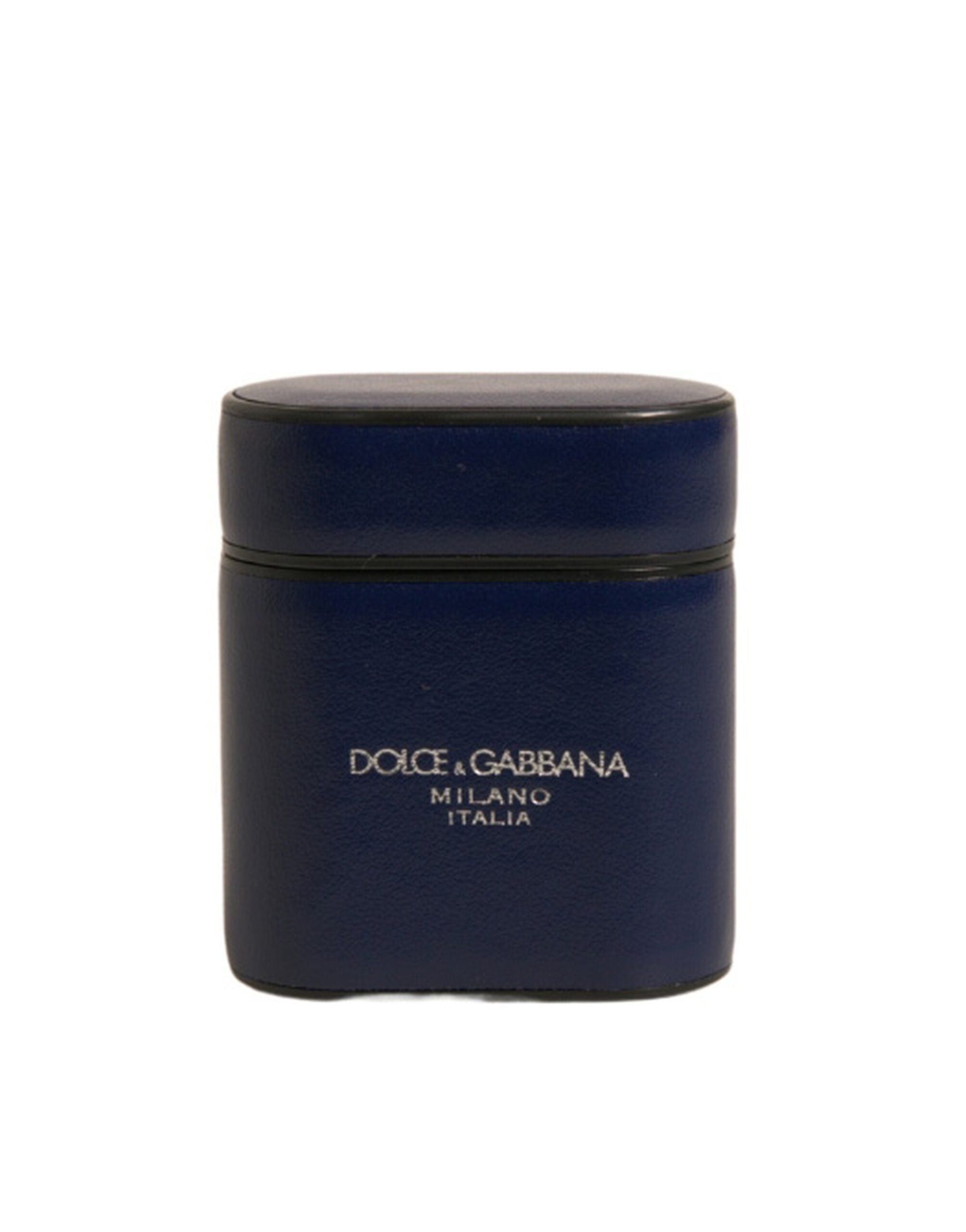 Custodia per Airpods Dolce & Gabbana in pelle blu con logo stampato e chiusura a scatto