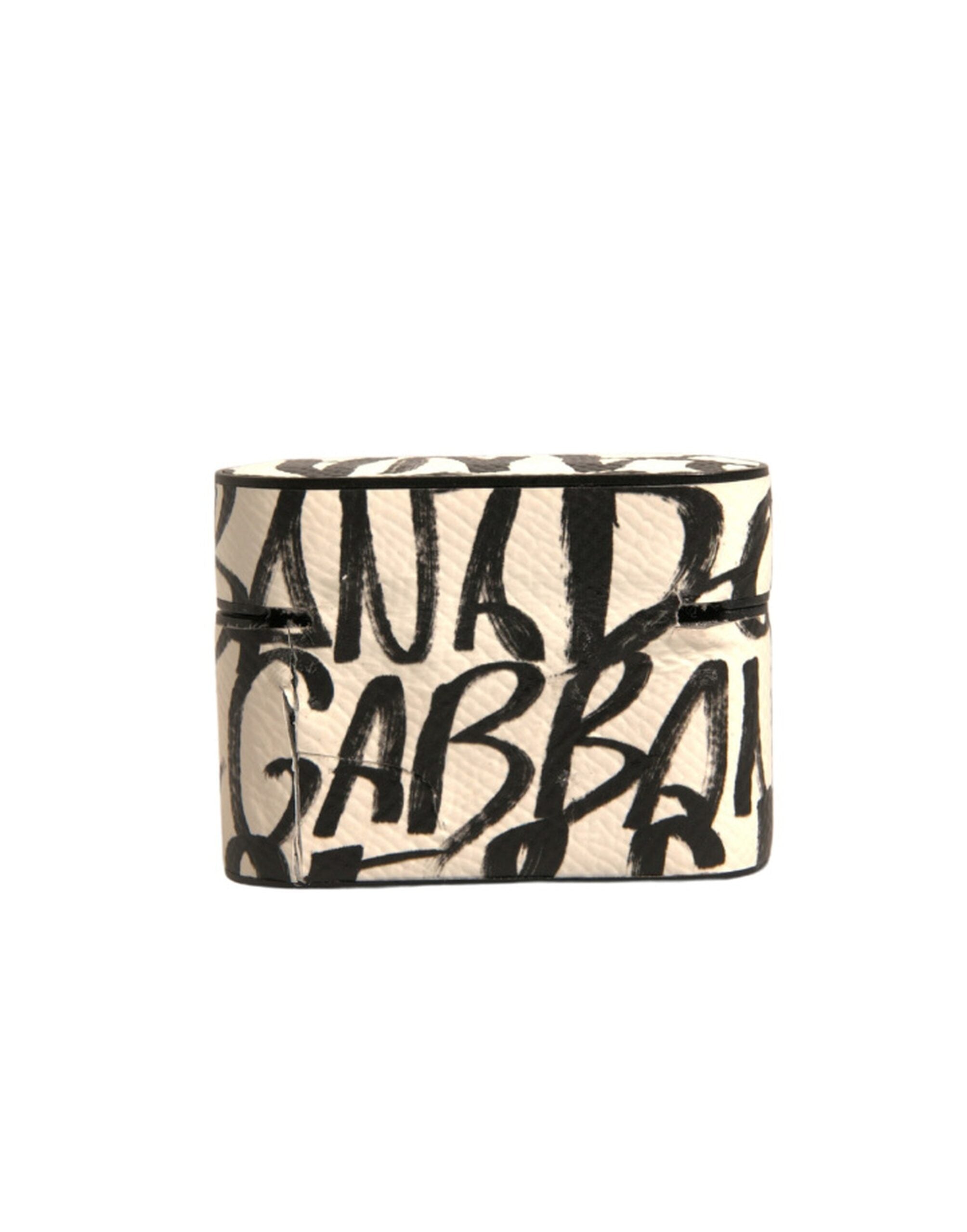 Custodia per Airpods Dolce & Gabbana in Pelle Nera e Bianca con Logo a Scarabocchio in Rilievo