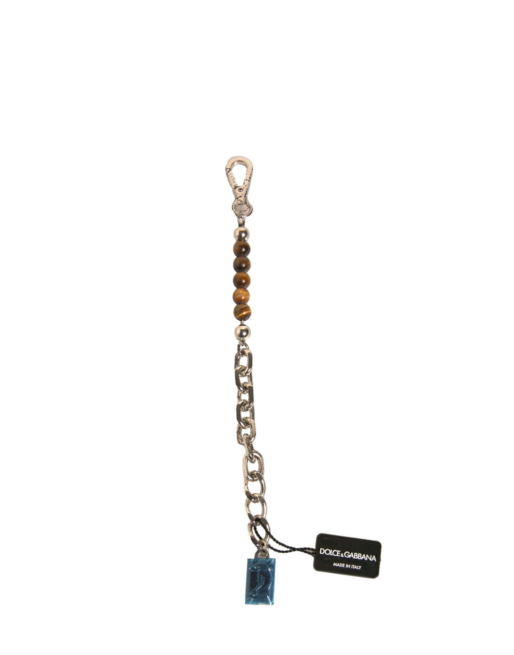 Dolce & Gabbana Portachiavi in Ottone Argentato con Catena, Perline e Logo su Targhetta