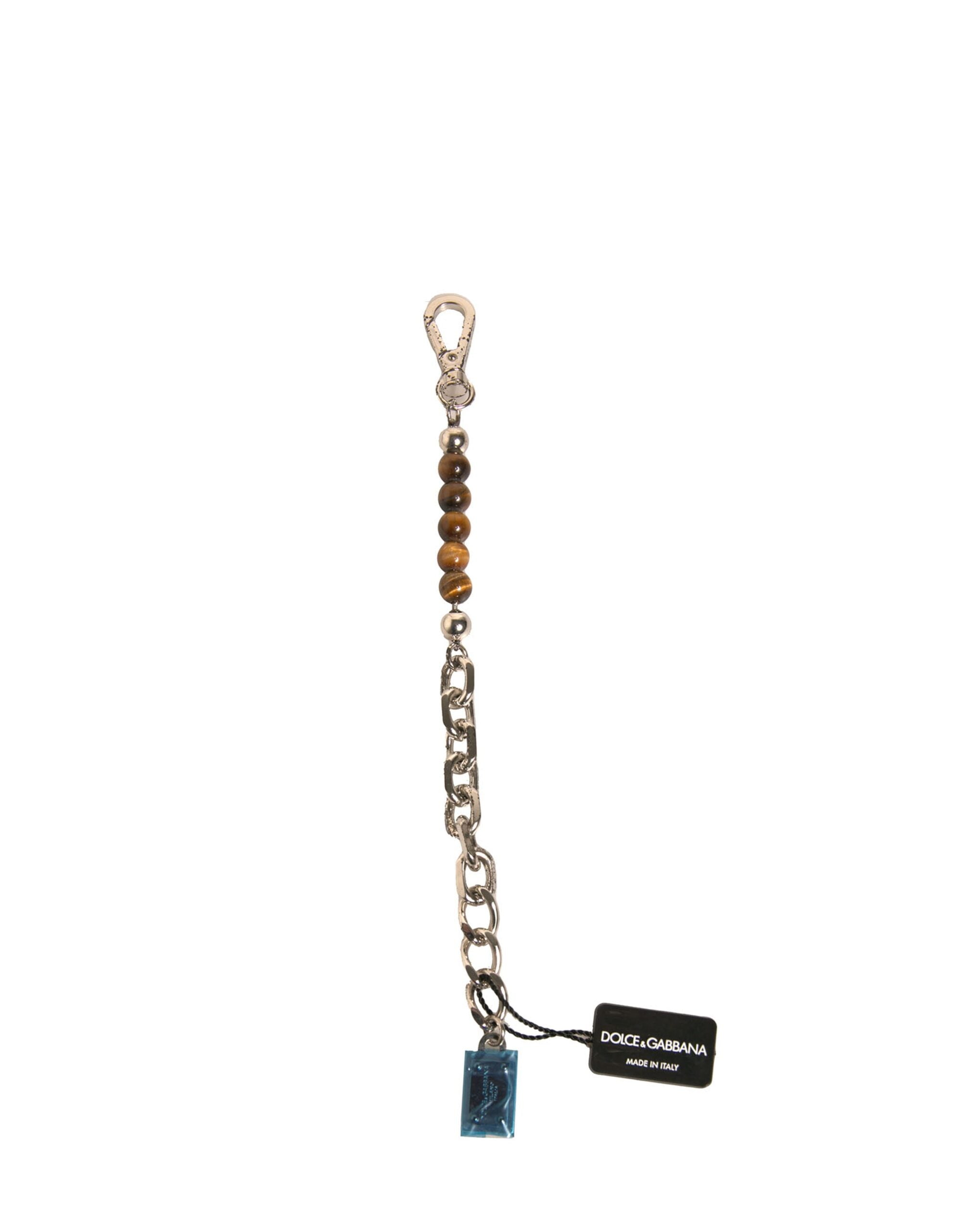 Dolce & Gabbana Portachiavi in Ottone Argentato con Catena, Perline e Logo su Targhetta