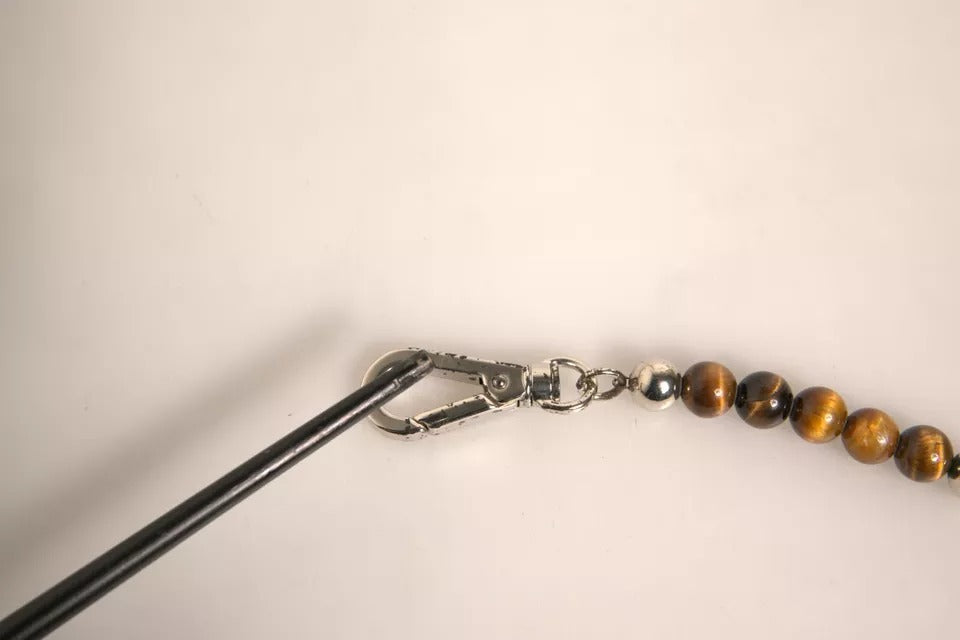 Dolce & Gabbana Portachiavi in Ottone Argentato con Catena, Perline e Logo su Targhetta