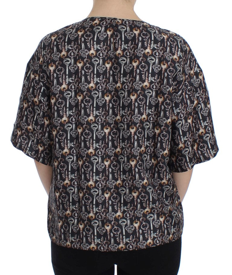 Dolce & Gabbana Camicetta in Seta Grigia con Stampa Chiave Dorata