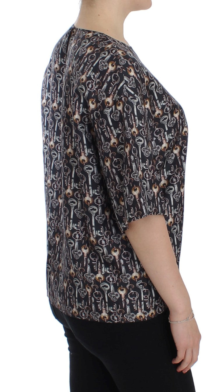 Dolce & Gabbana Camicetta in Seta Grigia con Stampa Chiave Dorata