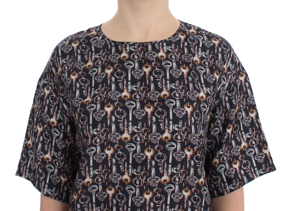 Dolce & Gabbana Camicetta in Seta Grigia con Stampa Chiave Dorata