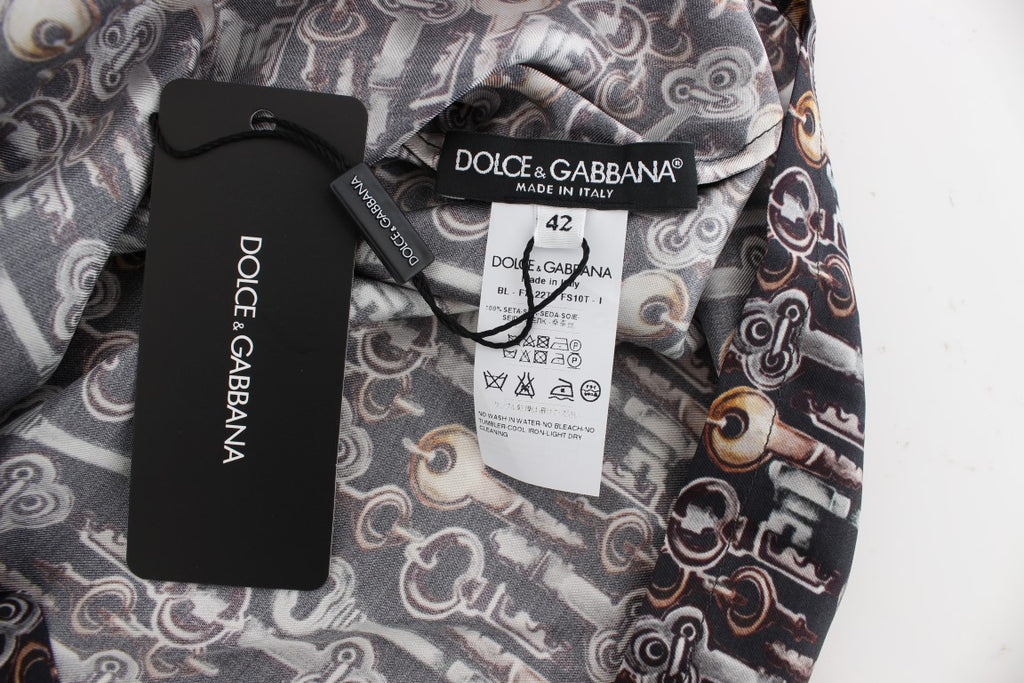 Dolce & Gabbana Camicetta in Seta Grigia con Stampa Chiave Dorata