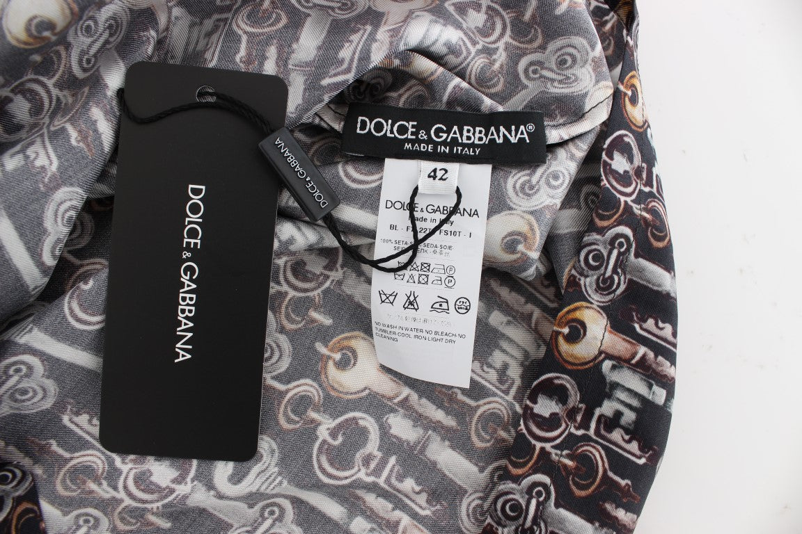 Dolce & Gabbana Camicetta in Seta Grigia con Stampa Chiave Dorata