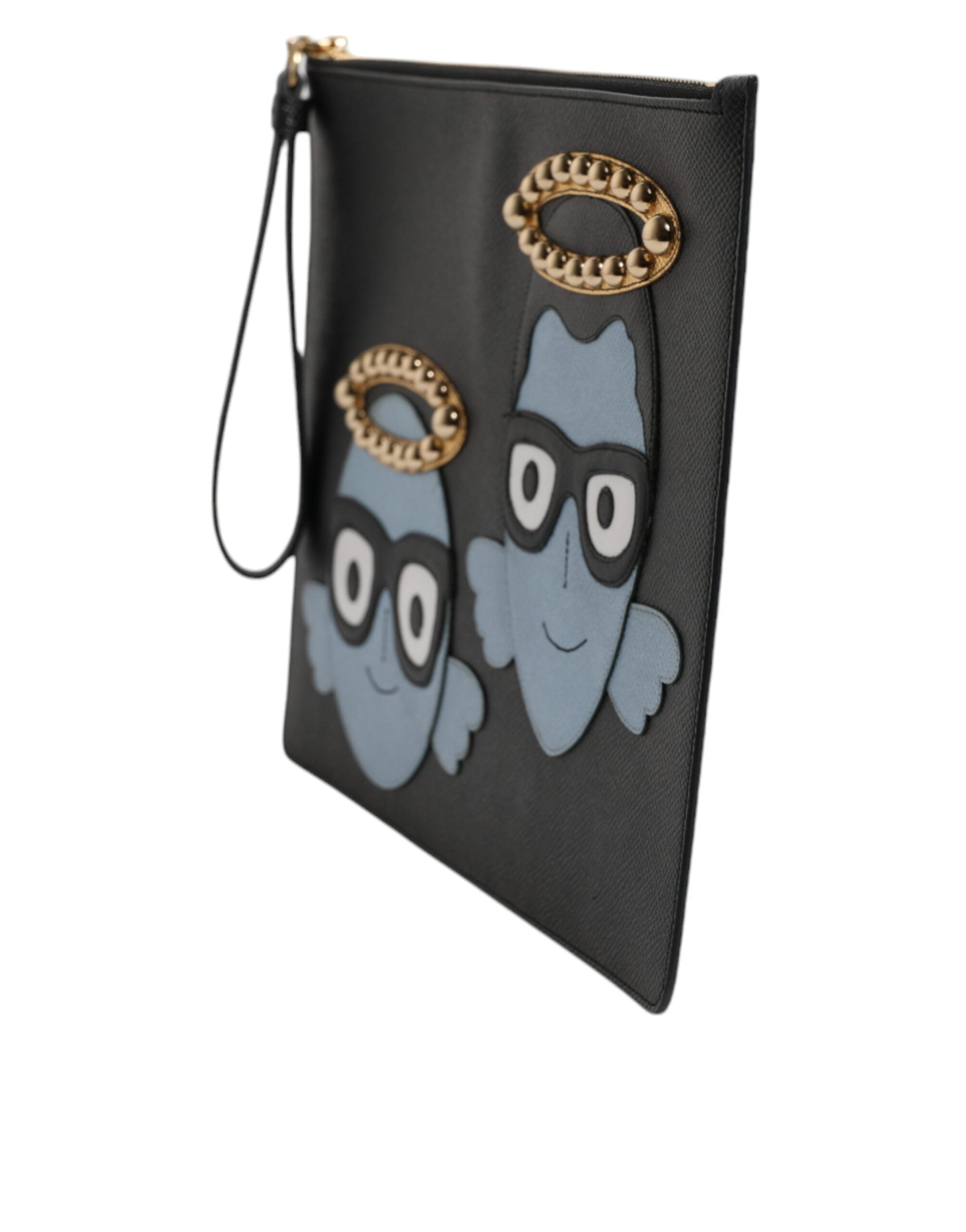 Dolce & Gabbana Borsa Marsupio con Cerniera da Uomo in Pelle Nera con Applicazioni #DGFAMILY