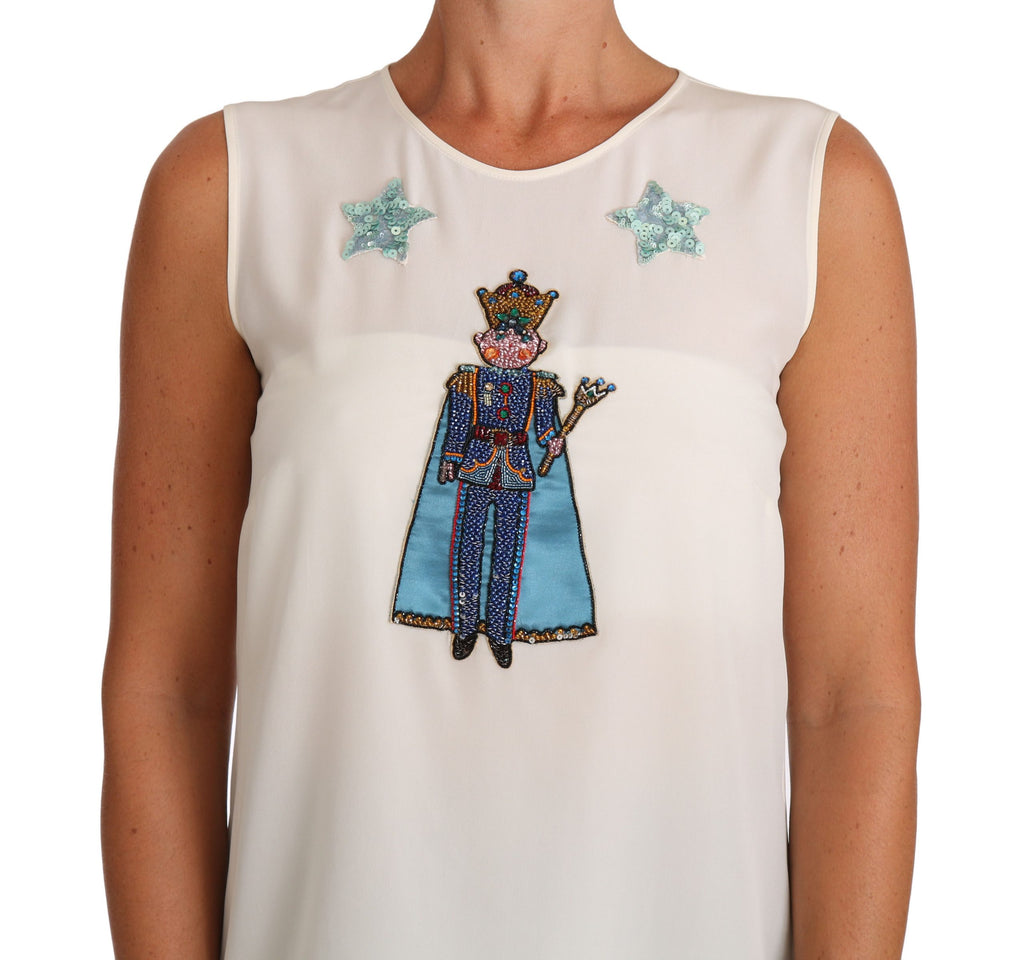 T-shirt Dolce & Gabbana in seta bianca con cristalli e paillettes a forma di fata