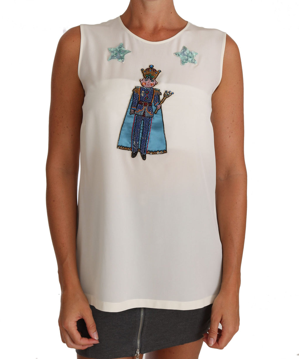T-shirt Dolce & Gabbana in seta bianca con cristalli e paillettes a forma di fata
