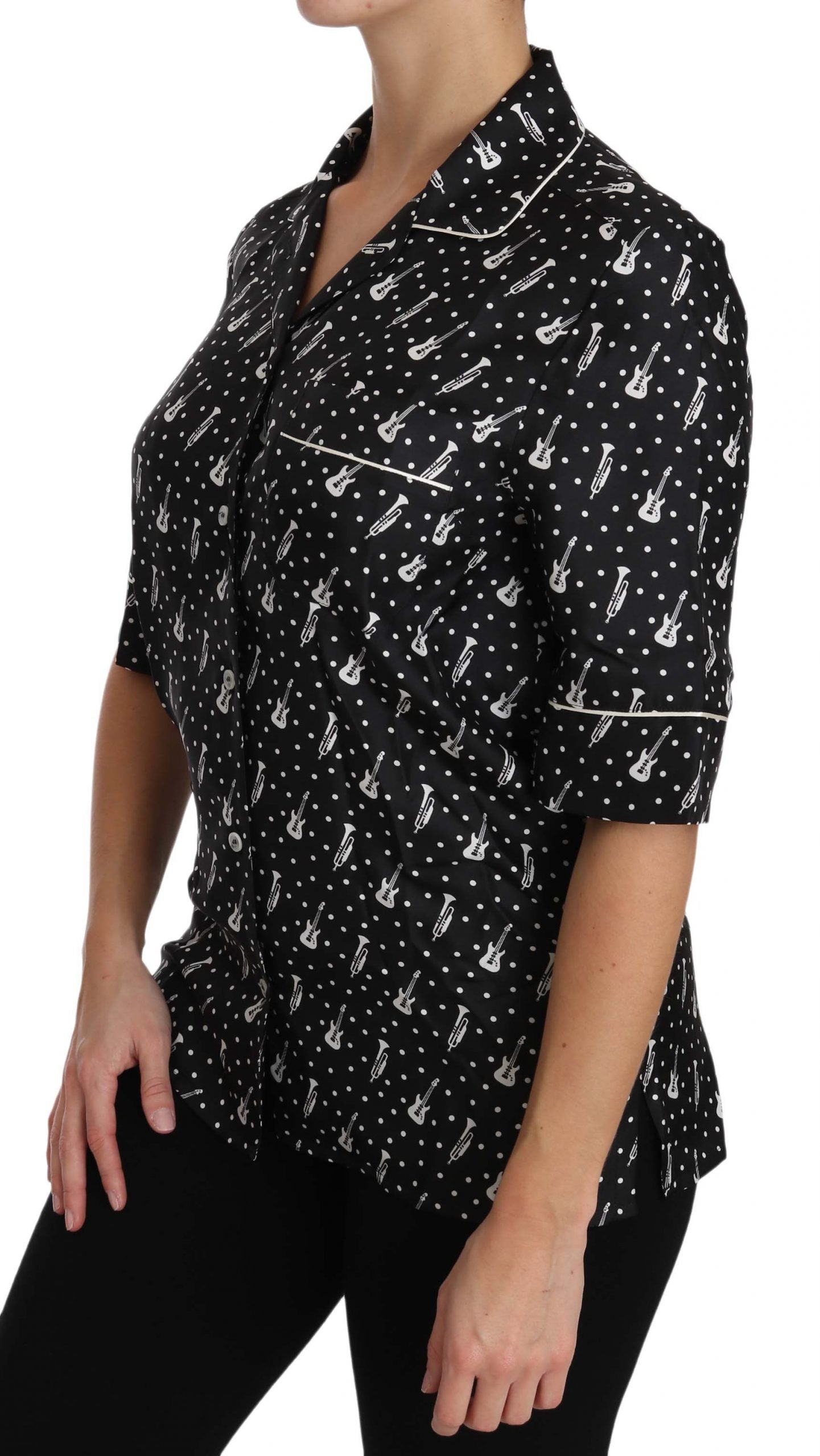 Dolce & Gabbana Camicia Top in Seta Nera Stampa Chitarra Tromba