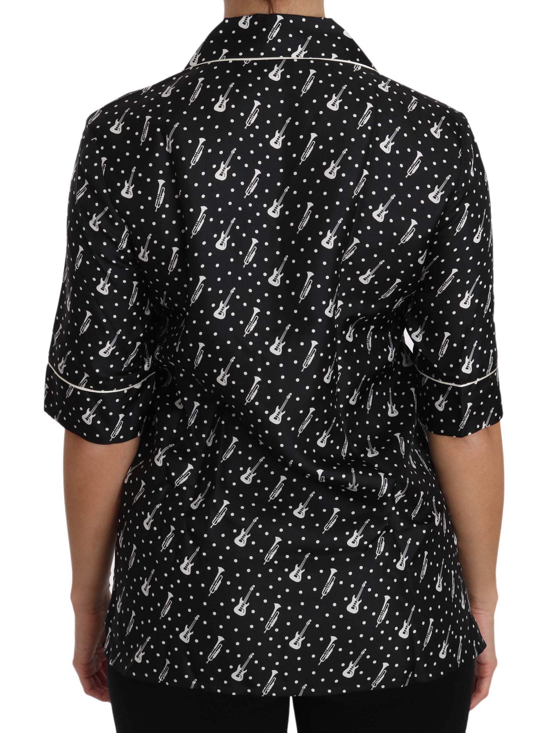 Dolce & Gabbana Camicia Top in Seta Nera Stampa Chitarra Tromba