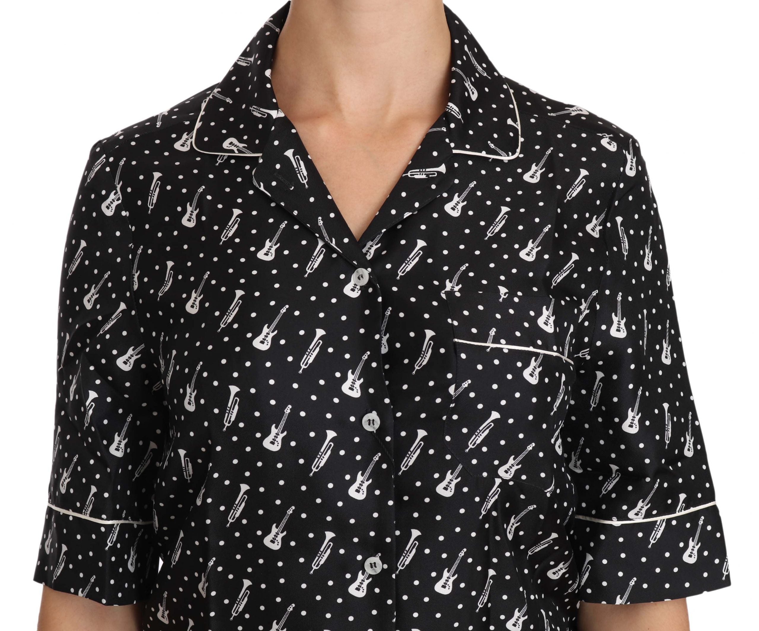 Dolce & Gabbana Camicia Top in Seta Nera Stampa Chitarra Tromba