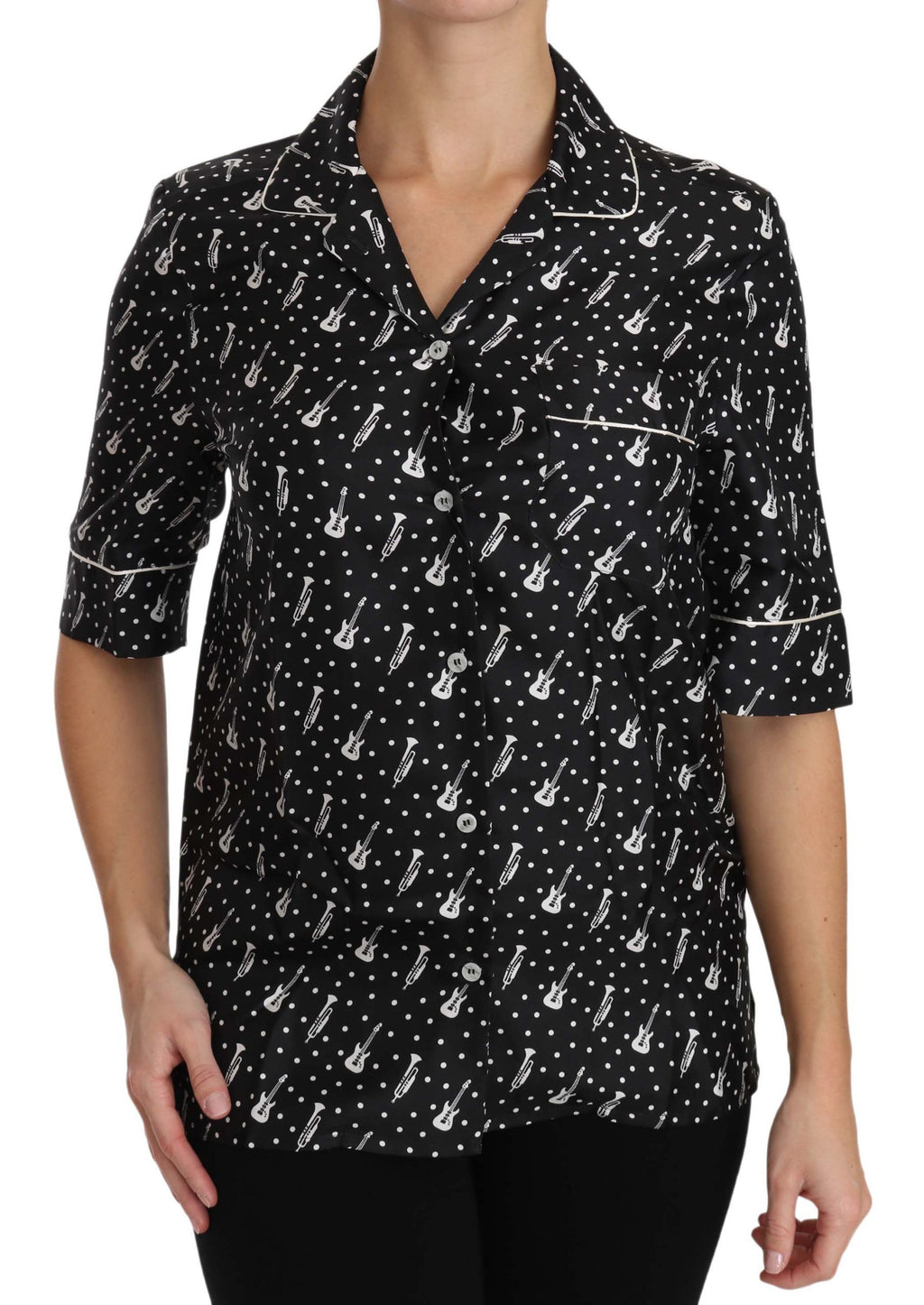 Dolce & Gabbana Black GuitarTrumpet Print Silk Shirt Top
