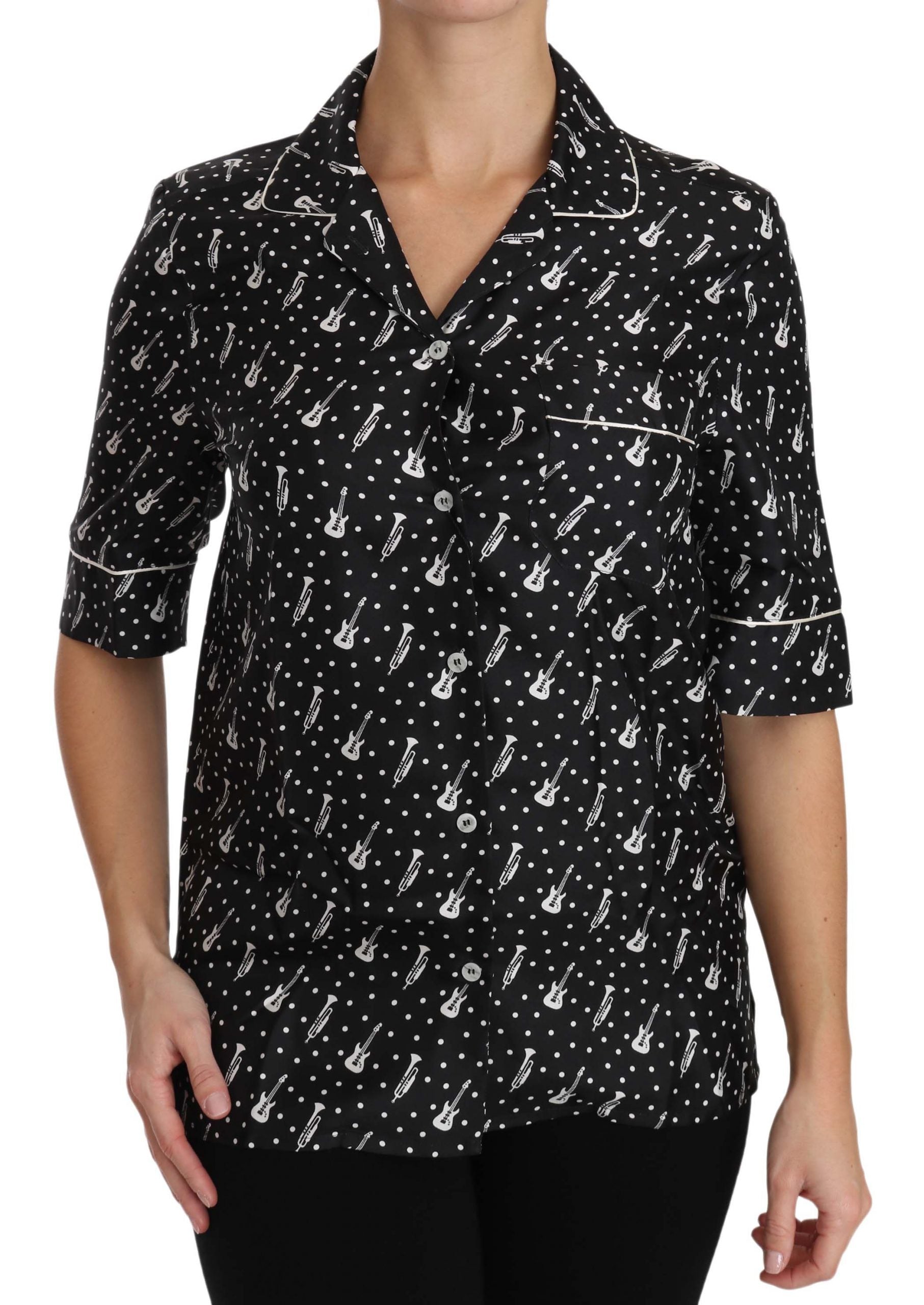 Dolce & Gabbana Camicia Top in Seta Nera Stampa Chitarra Tromba