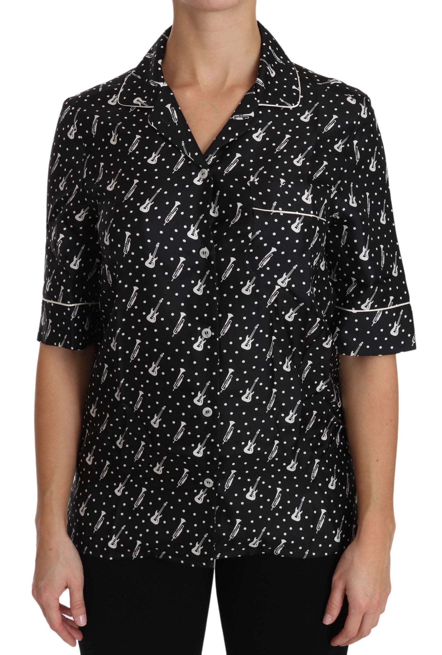 Dolce & Gabbana Camicia Top in Seta Nera Stampa Chitarra Tromba