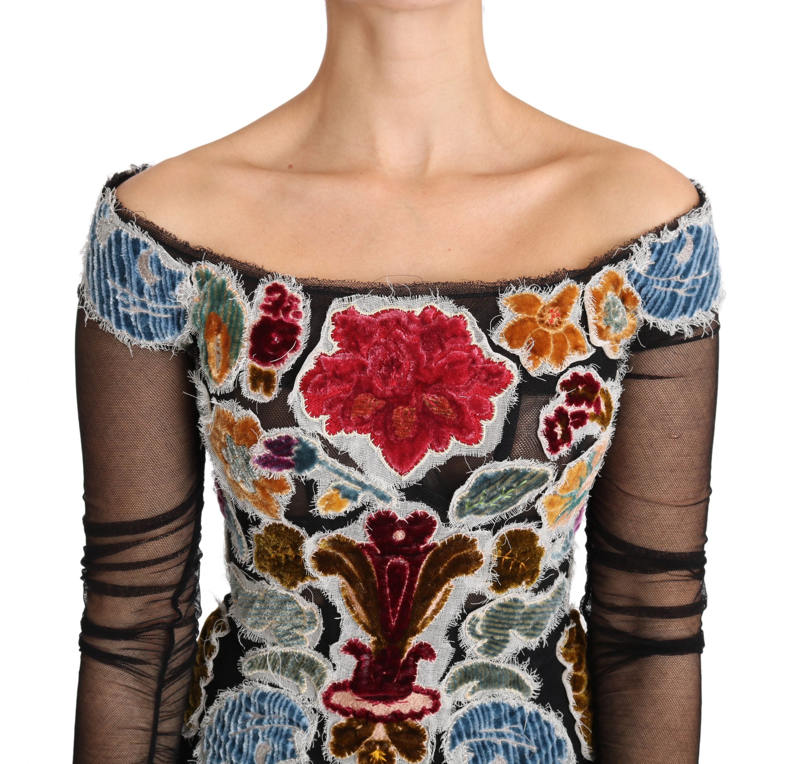 Dolce & Gabbana Blusa T-shirt Top Nera con Ricamo Floreale
