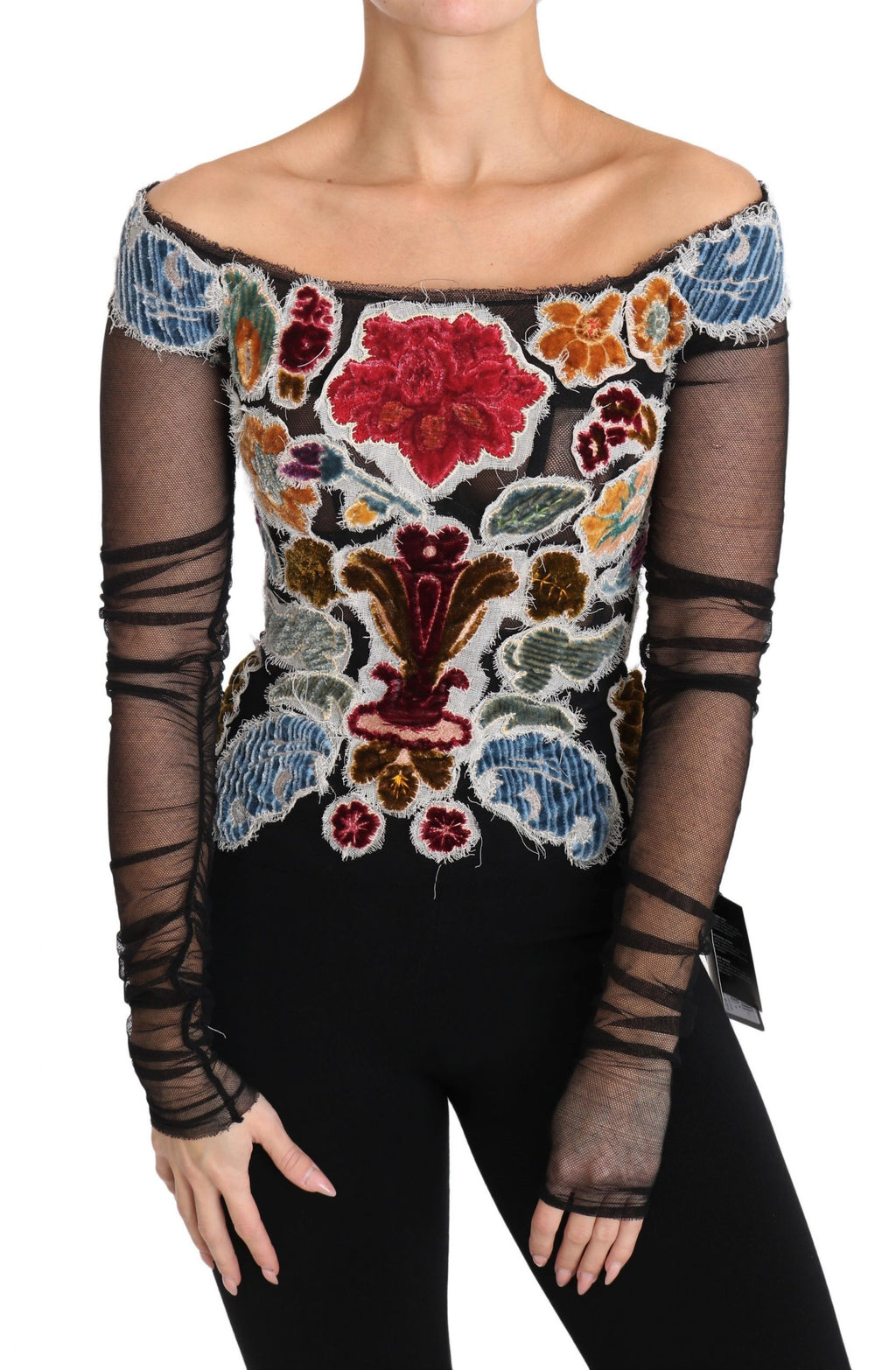 Dolce & Gabbana Blusa T-shirt Top Nera con Ricamo Floreale