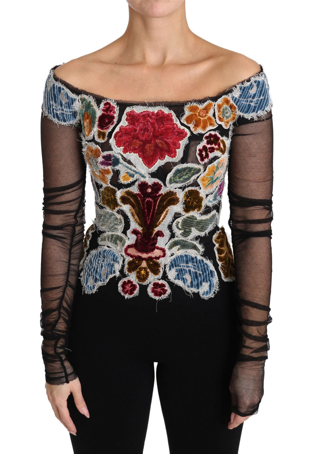 Dolce & Gabbana Blusa T-shirt Top Nera con Ricamo Floreale
