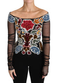 Dolce & Gabbana Blusa T-shirt Top Nera con Ricamo Floreale