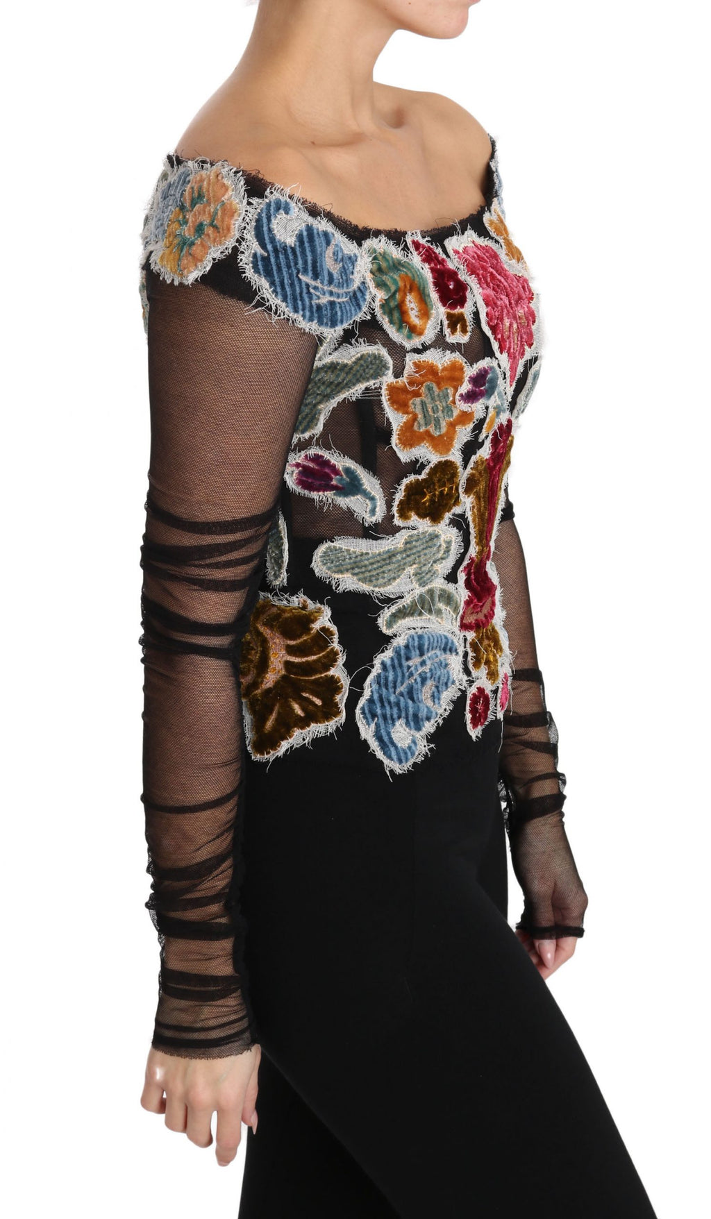 Dolce & Gabbana Blusa T-shirt Top Nera con Ricamo Floreale