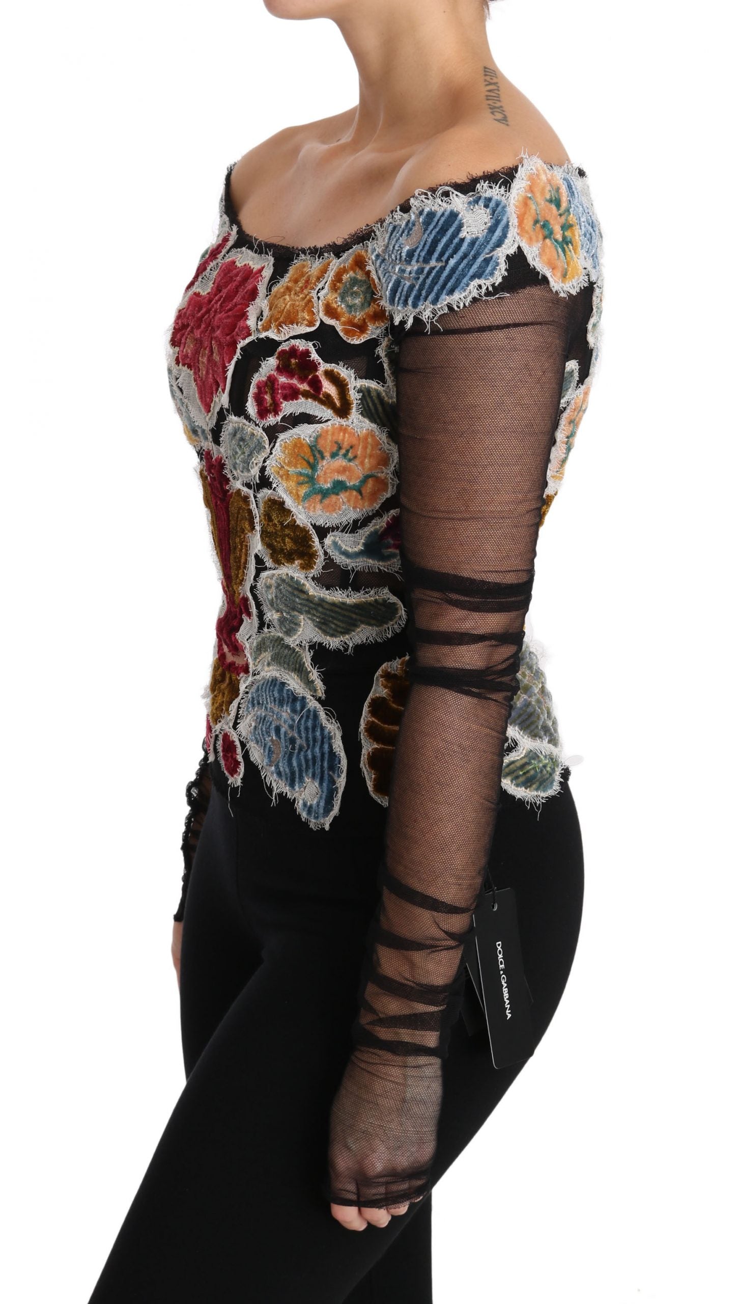 Dolce & Gabbana Blusa T-shirt Top Nera con Ricamo Floreale
