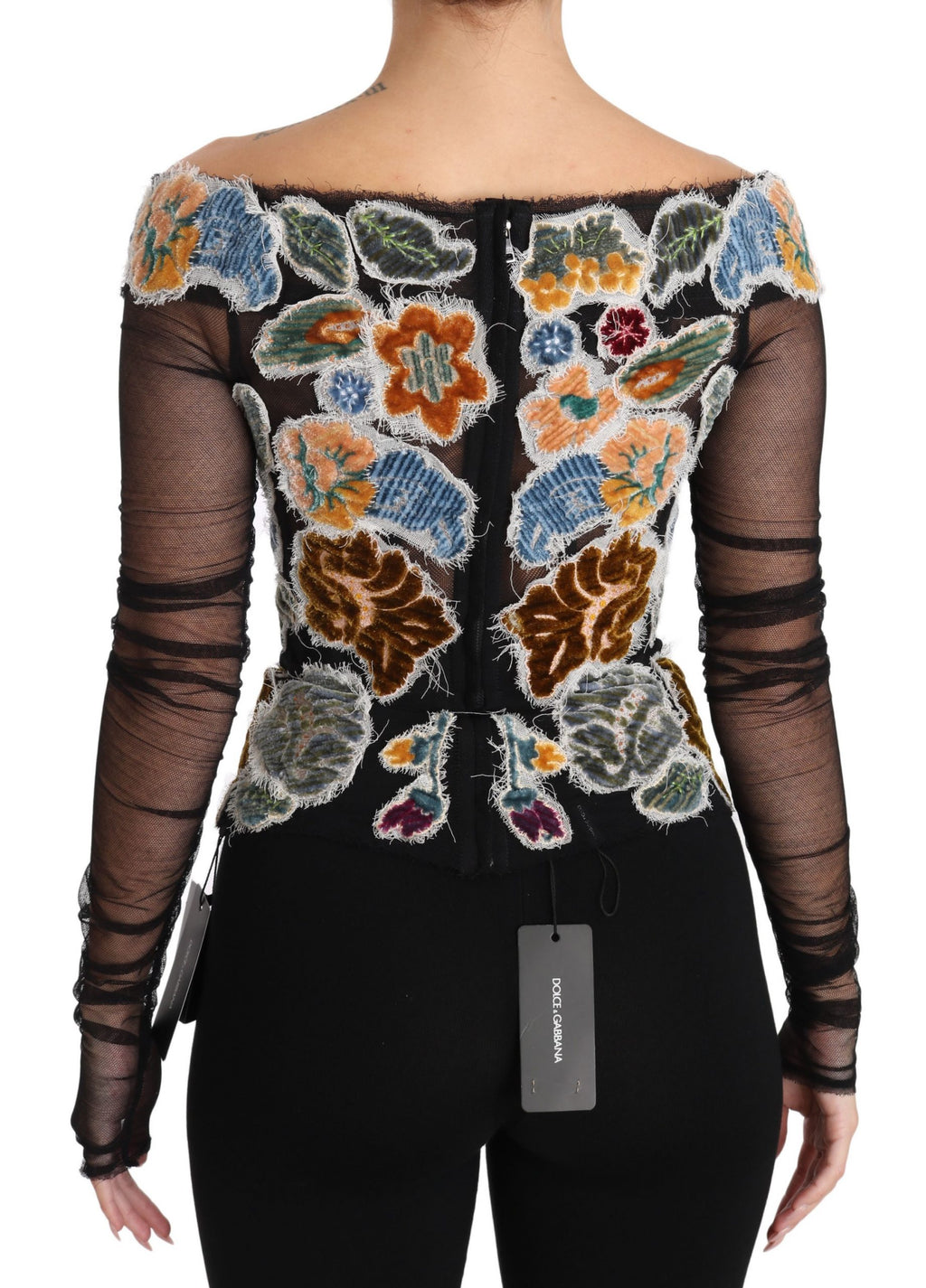 Dolce & Gabbana Blusa T-shirt Top Nera con Ricamo Floreale