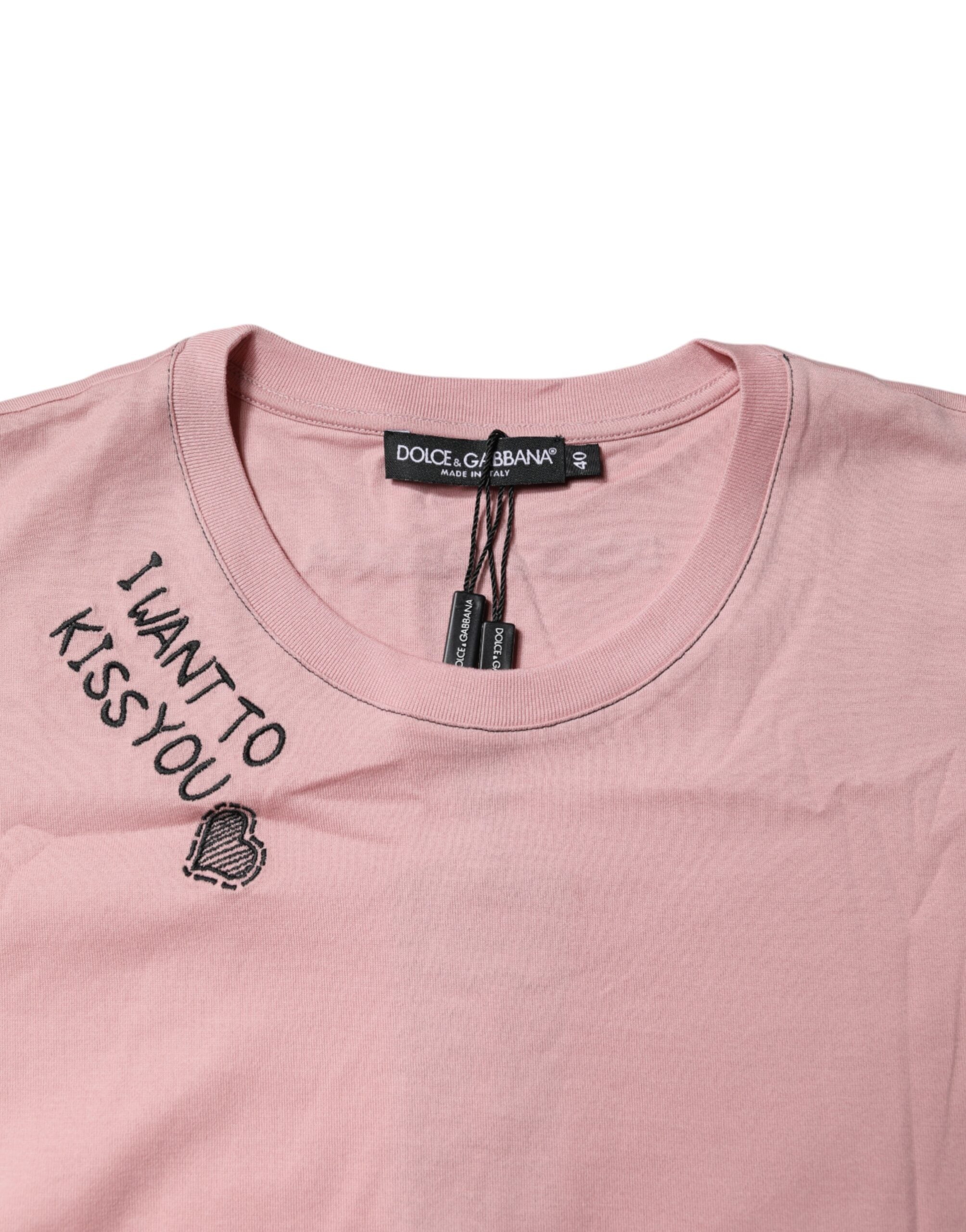 T-shirt Girocollo in Cotone Rosa con Stampa Logo Dolce & Gabbana