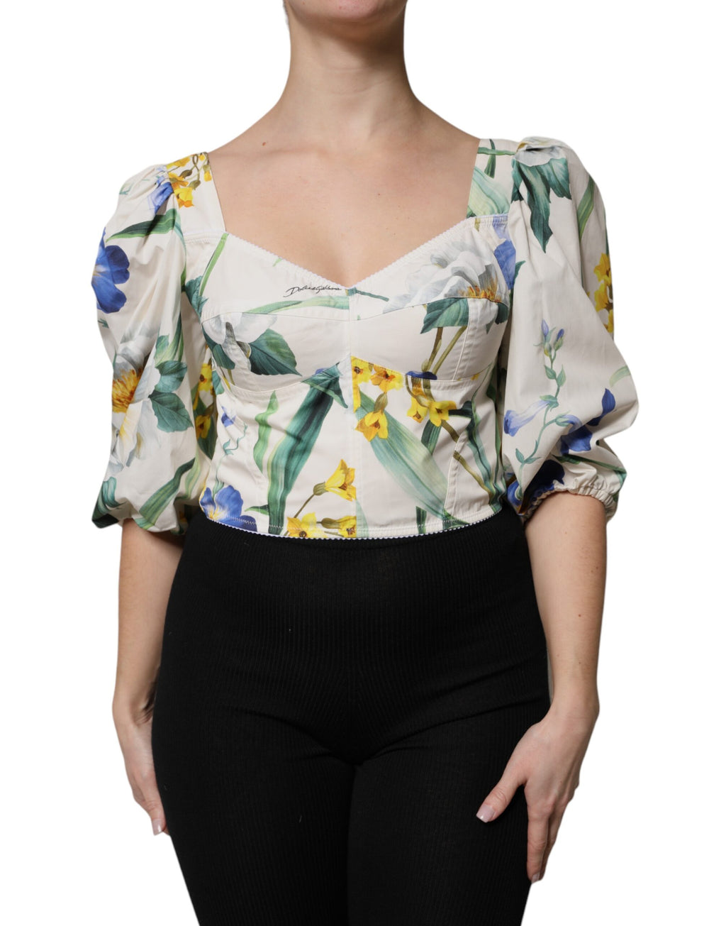 Top camicetta corta con maniche a sbuffo floreali bianca Dolce & Gabbana