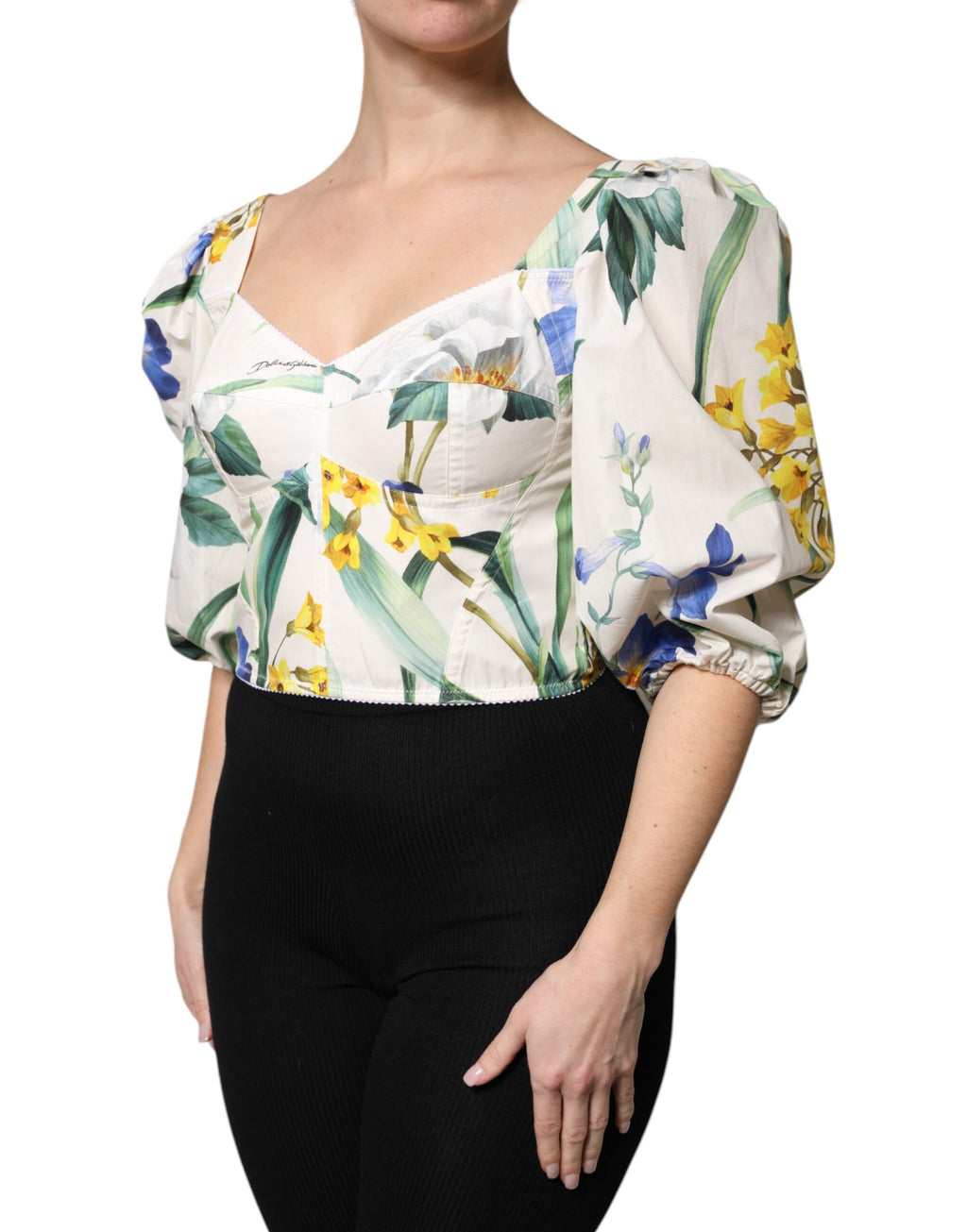 Top camicetta corta con maniche a sbuffo floreali bianca Dolce & Gabbana