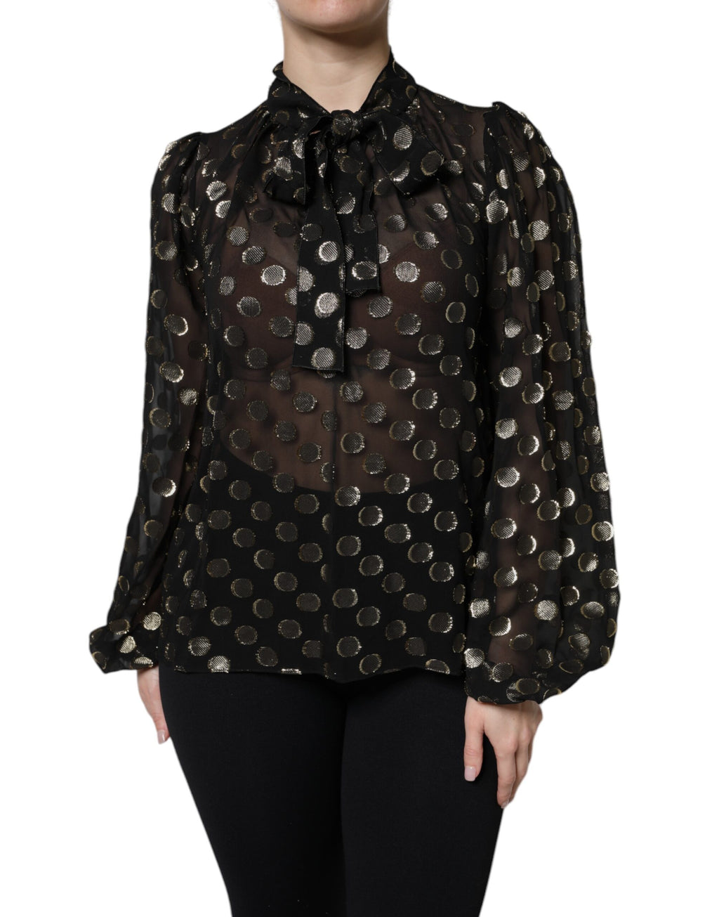 Camicia Top Dolce & Gabbana Nera Trasparente con Fiocco al Collo a Pois