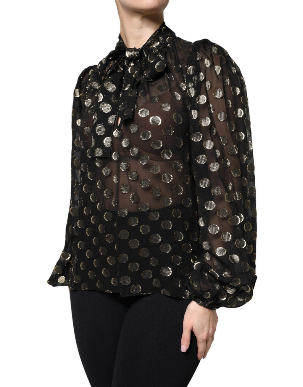 Camicia Top Dolce & Gabbana Nera Trasparente con Fiocco al Collo a Pois