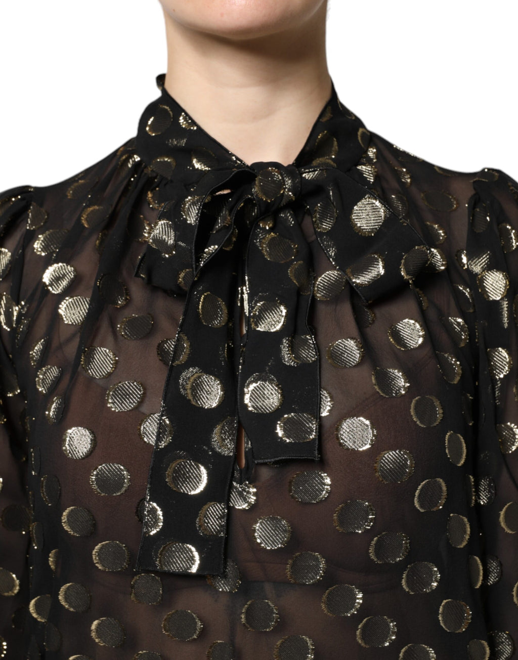 Camicia Top Dolce & Gabbana Nera Trasparente con Fiocco al Collo a Pois