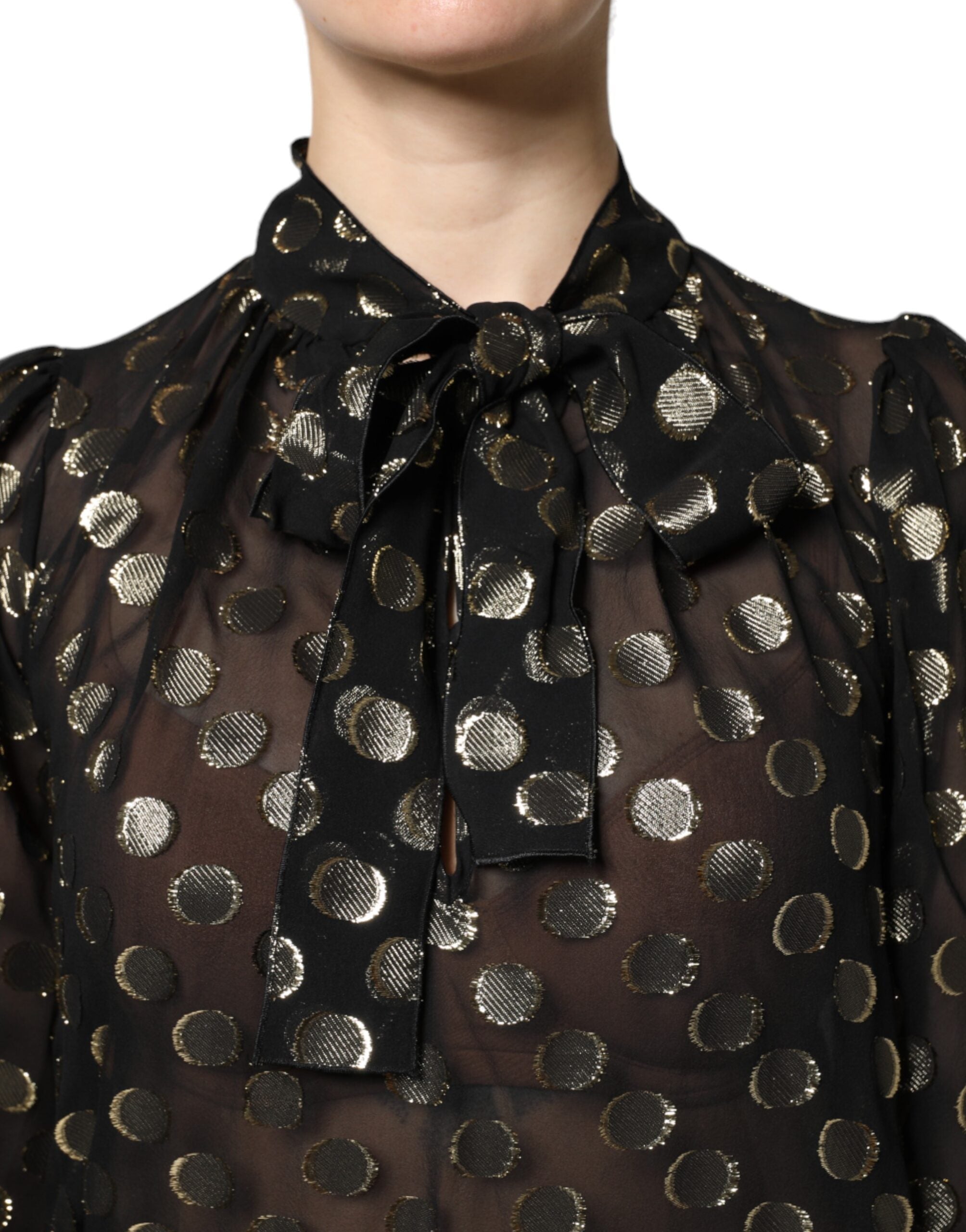 Camicia Top Dolce & Gabbana Nera Trasparente con Fiocco al Collo a Pois