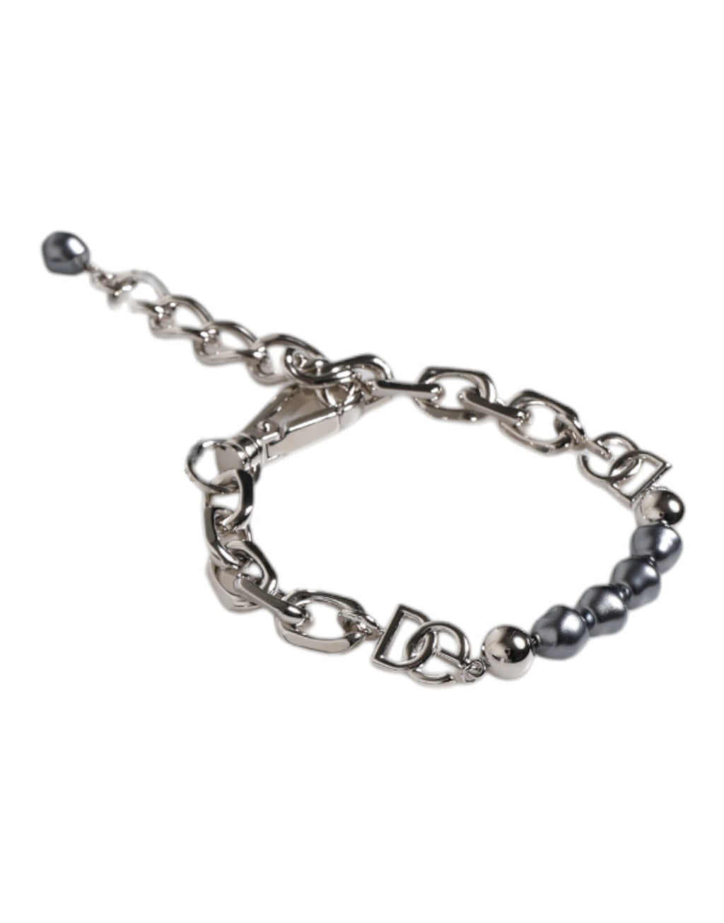 Bracciale Dolce & Gabbana con catena color argento, chiusura a moschettone, logo e perle grigie