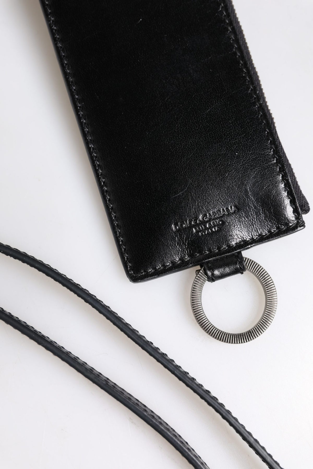 Portacarte con cordino Dolce & Gabbana in pelle nera con logo impresso