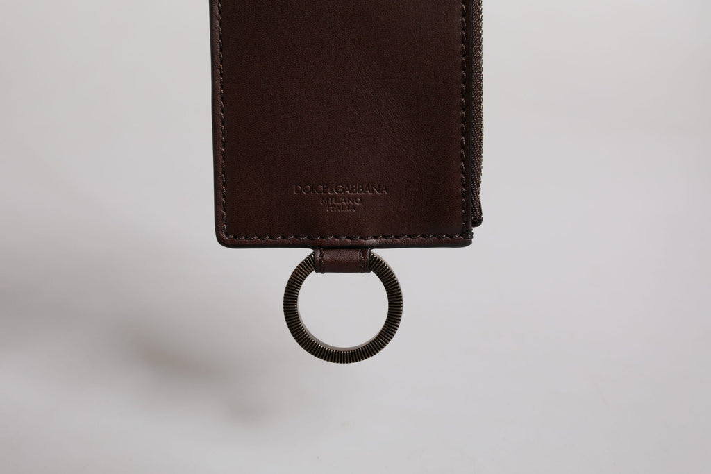 Portacarte e portafoglio con logo Dolce & Gabbana in pelle di vitello marrone con cordino