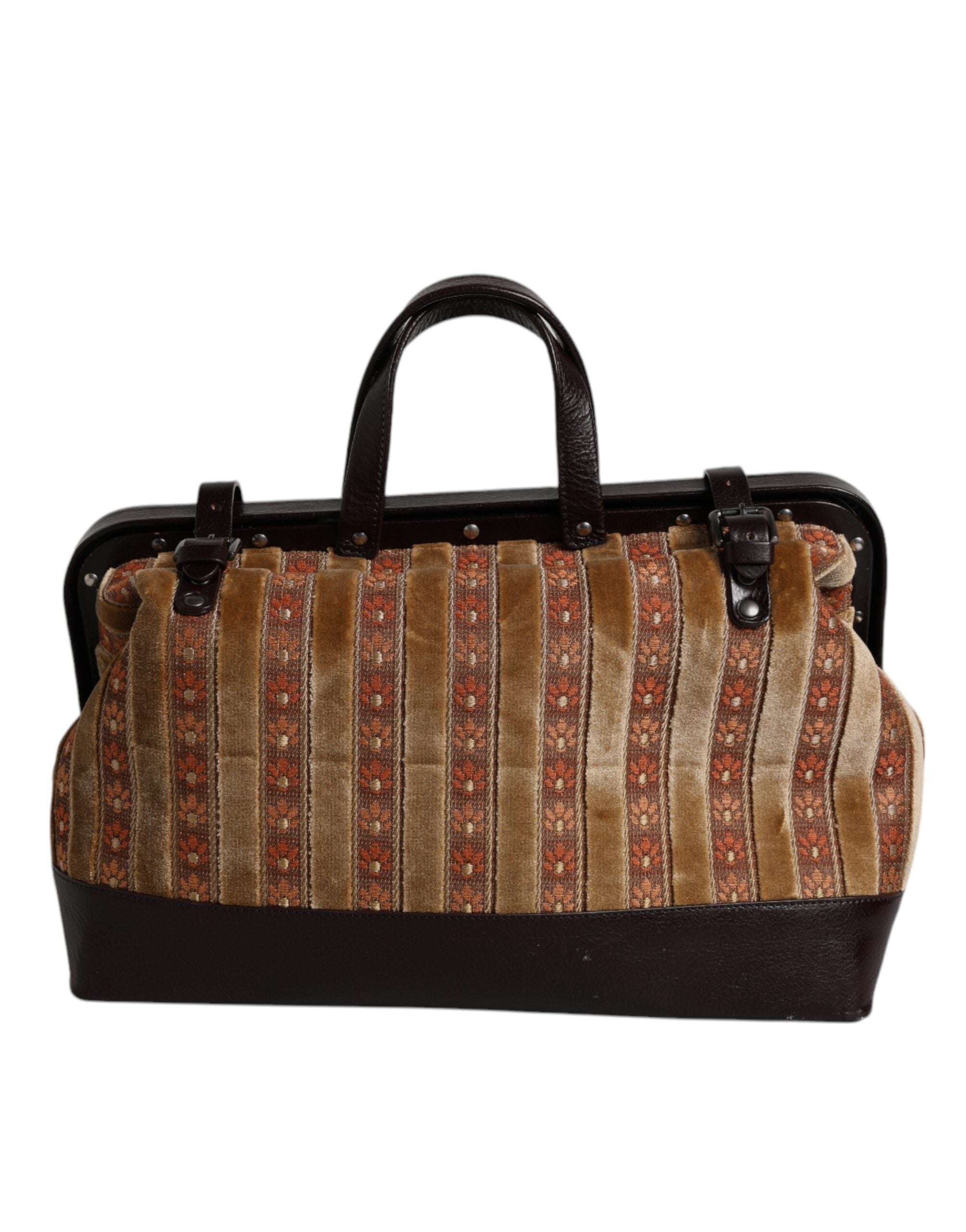 Dolce & Gabbana Beige Maroon Velvet Leather Jacquard Travel Handbag Bag
