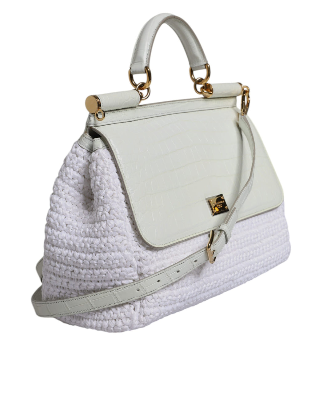 Dolce & Gabbana Borsa a Tracolla con Manico Superiore in Pelle e Rafia Bianca