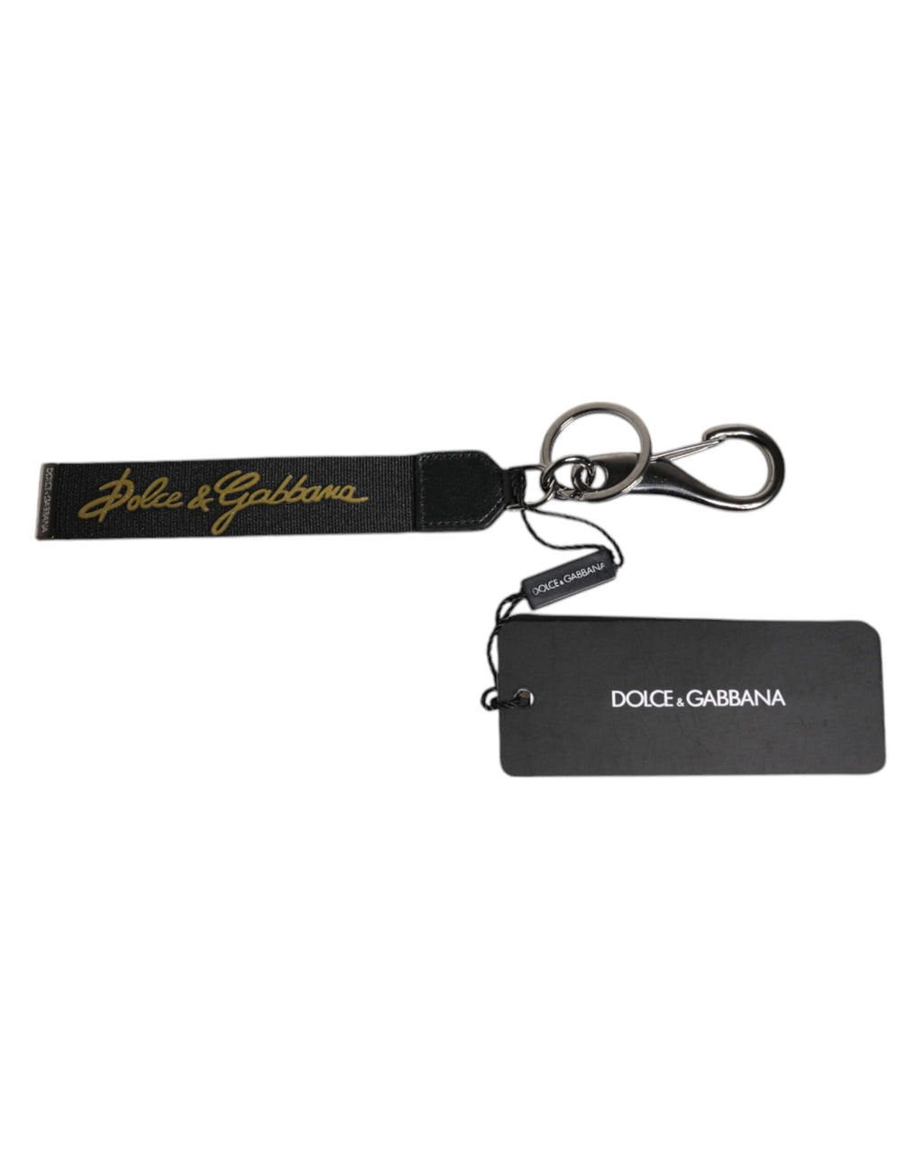 Dolce & Gabbana Portachiavi Uomo in Nylon Nero con Logo e Ottone Argentato